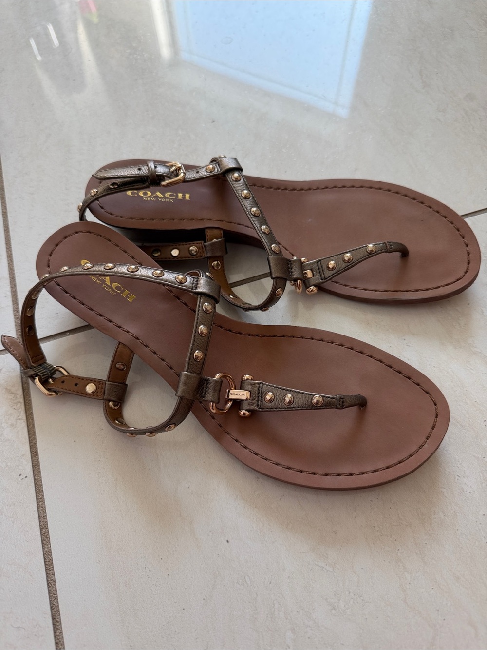 Coach Metallic Brown Leather Studded T-Strap Sandals